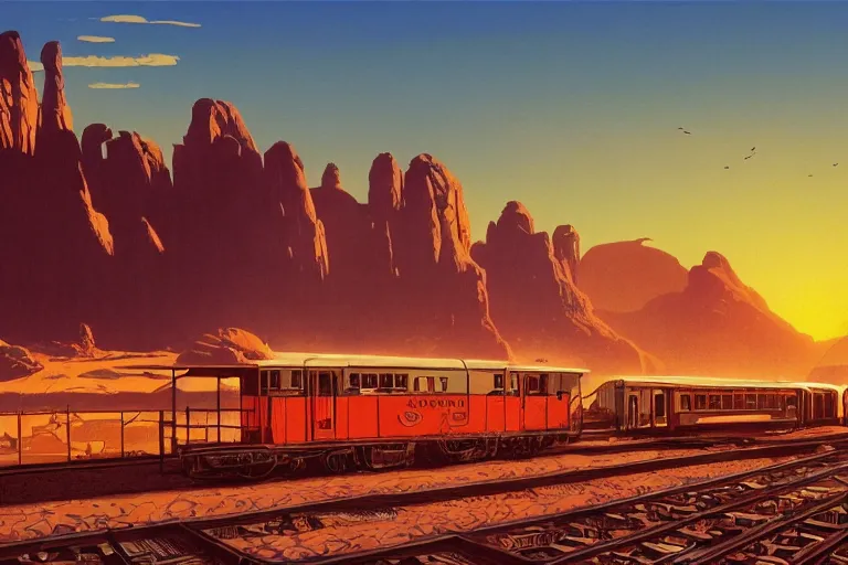 Image similar to idyllic old western train station illustration by syd mead, artstation, 4 k, graphic novel, concept art, matte painting, steam engine, beautiful mountain desert sunset background, golden hour