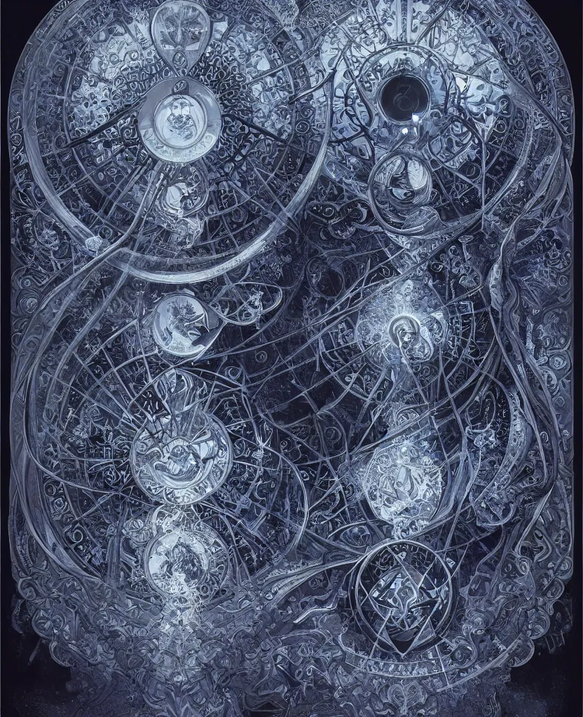 Image similar to illustration of mystical geometrical alchemical black gate covered in blue sacred symbols, deep focus, intricate, elegant, highly detailed, foggy, misterious, digital painting, artstation, concept art, matte, sharp focus, art by artgerm and ernst haeckel and alphonse mucha