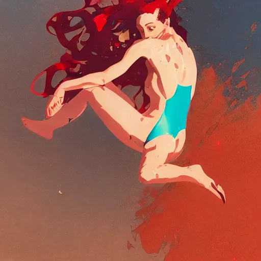 Image similar to a ultradetailed beautiful panting of a woman diving away from the viewer, by conrad roset, greg rutkowski and makoto shinkai, trending on artstation