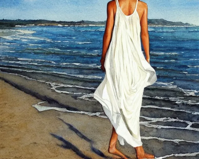 Prompt: a photorealistic watercolor of a woman with translucent white dress walking by the beach, by Steve Hanks, highly detailed and realistic, intricate HD, emotional realism
