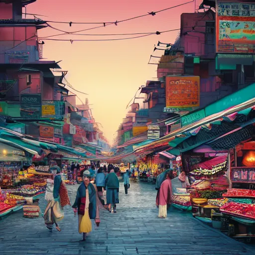 Image similar to an immaculate digital matte painting placid asian street market scene at dusk.