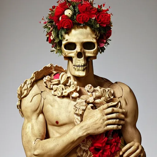 Image similar to a man in the form of a Greek sculpture with a mask in the form of a skull and wreath of flowers skulls in hands dressed in a biomechanical dress, red white and gold color scheme, baroque, by Michelangelo