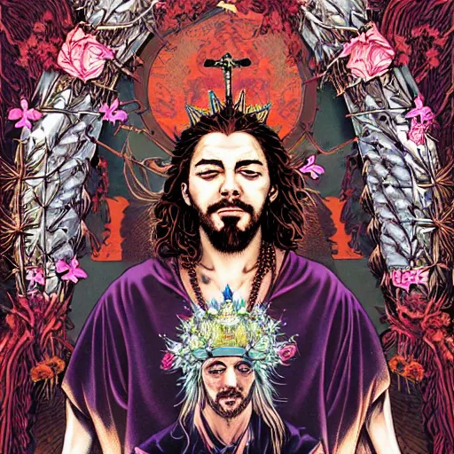 Prompt: portrait of crazy post malone as jesus with thorns crown, symmetrical, by yoichi hatakenaka, masamune shirow, josan gonzales and dan mumford, ayami kojima, takato yamamoto, barclay shaw, karol bak, yukito kishiro