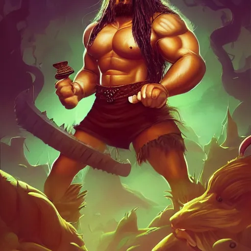 Image similar to a hyper realistic full body portrait of a cartoon character brought to the real world, a combination of a beefy conan the barbarian and a warlock with a kind heart, in the background is a normal suburban backyard by Anato Finnstark, Jordan Grimmer, Ross Tran, 8k,