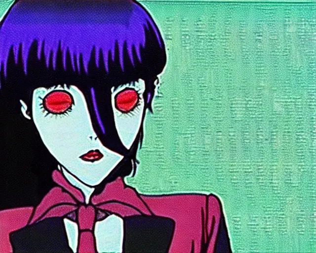 Prompt: blurry and dreamy screencap of a character from 8 0 s horror anime, vampire woman with short hair and black lipstick wearing dress suit with tie, satoshi kon anime, character design by yoshitaka amano and junji ito, glitchy vhs tape, night tokyo in the background, perfect blue color palette, noisy film grain effect, blurry image