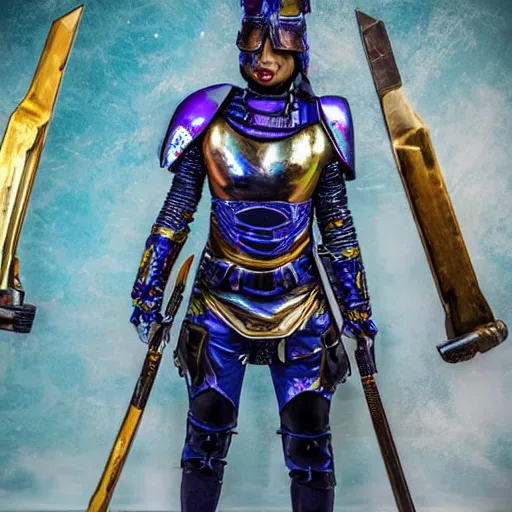 Image similar to photo of a female warrior with galaxy colored armour and weapons