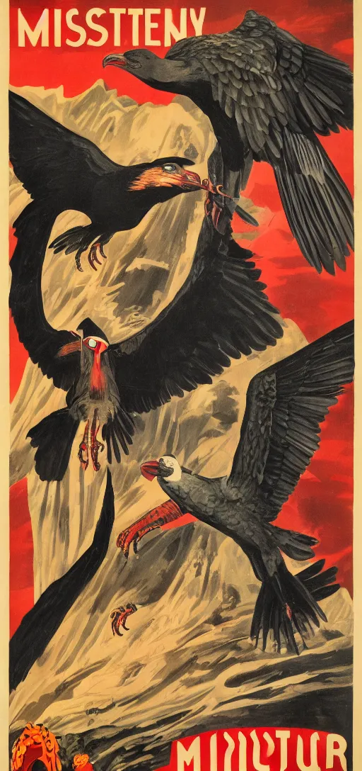 Image similar to mistery man in hood and red eyes with a dager, and a vulture, 1940s propaganda poster, full hd,highly detailed