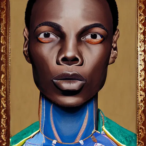 Prompt: a professionally painted african male model , clothed in ancient street wear, dark skin, reddish gold hair, beautiful bone structure, big symmetrical scar features, stunningly, beautiful, intricate, elegant, digital painting, smooth, sharp focus, illustration, made by Kehinde Wiley, Kara Walker, Jacob Lawrence, Sam Gilliam, Edmonia Lewis,