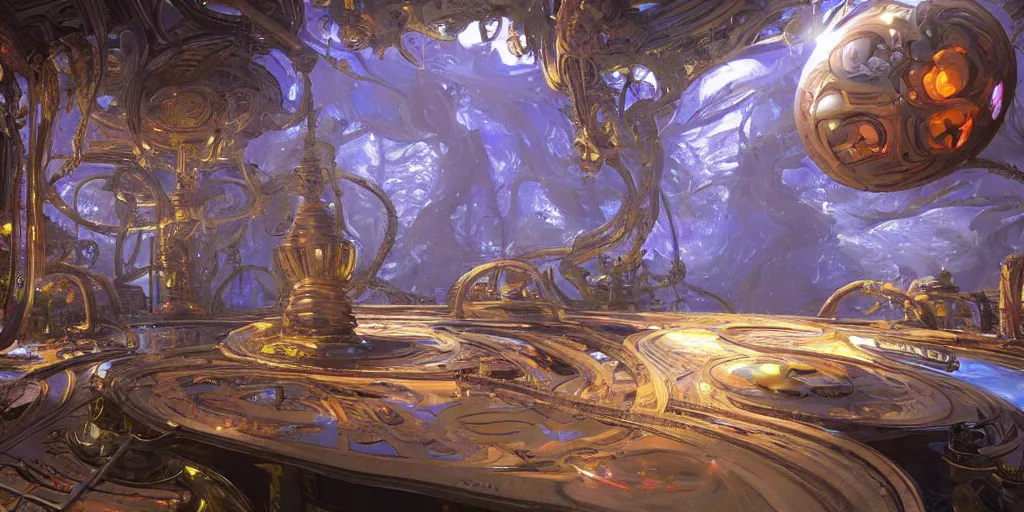 Image similar to a beautiful painting of an elaborate utopian sci - fi scene painted by hr giger and lisa frank, detailed, unreal engine, volumetric lighting, shadows, reflections