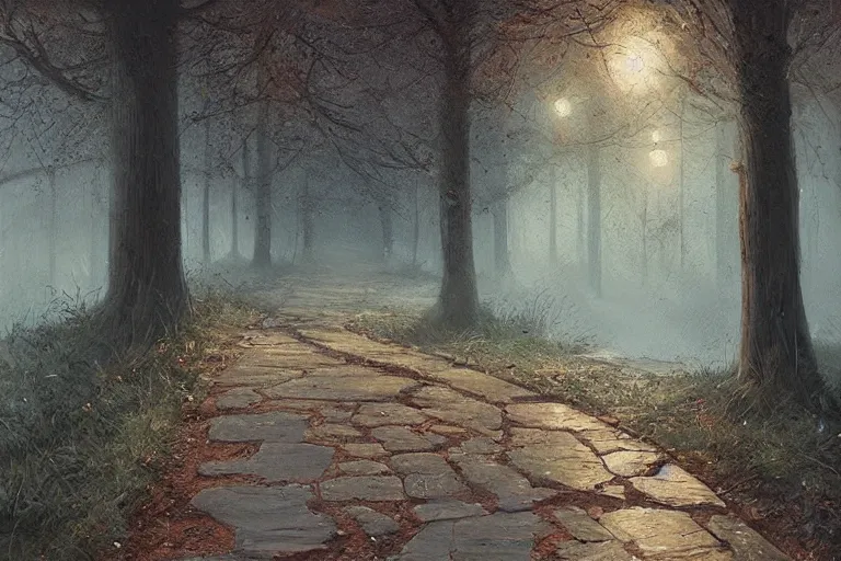 Prompt: beautiful painting of a path in an old england park at night, greg rutkowski, james gurney, artstation.