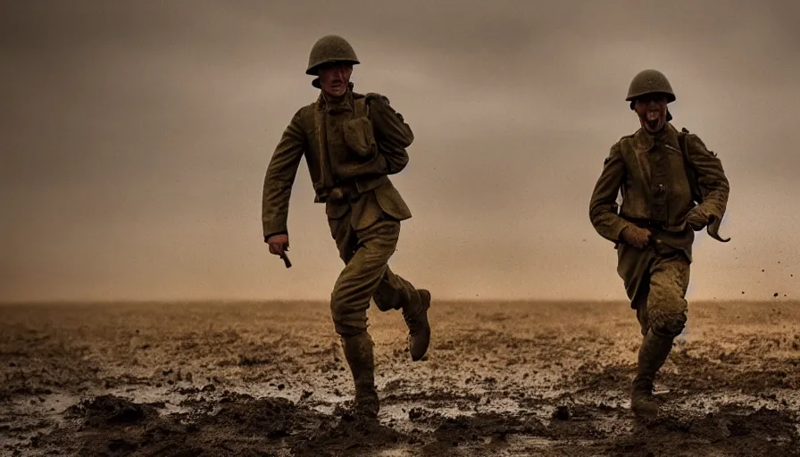 Image similar to screaming World War 1 soldier running across No Mans Land, wartorn landscape, lots of mud puddles and craters, dirty lens, cinematic lighting, IMAX cinematography, 35mm