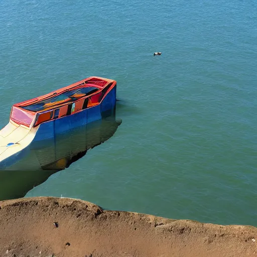 Prompt: flying remorqueur boat tracting ten other boat in a dry canal