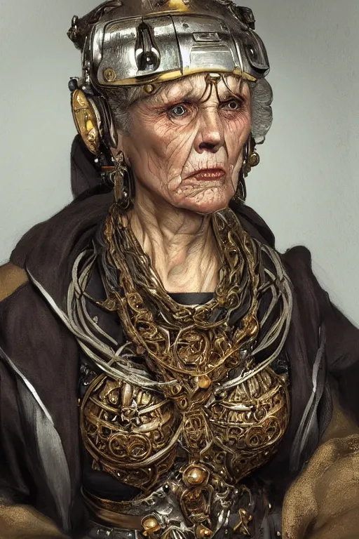 Prompt: portrait, headshot, digital painting, of a old 17th century, old lady cyborg merchant, amber jewels, implants, baroque, ornate clothing, scifi, futuristic, realistic, hyperdetailed, chiaroscuro, concept art, art by waterhouse and witkacy