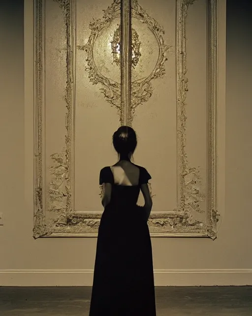 Image similar to a beautiful but horrifying young woman wearing an austere dress is standing in a vast and empty gallery. blood is on the walls, and the moon is shining through the windows. photographed in the 1 9 7 0 s, baroque painting