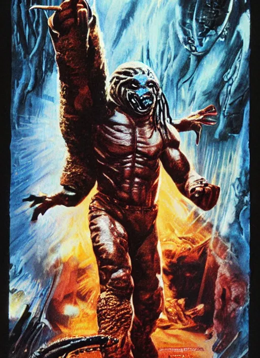 Image similar to Predator (1987) versus E.T. (1982) movie poster, illustration by Drew Struzan, John Alvin, highly detailed