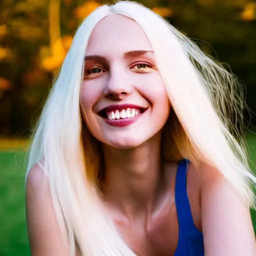 Prompt: beautiful portrait of a cute thin young woman smiling smugly, long light platinum blonde hair, flushed face, blue eyes, golden hour, 8 k, portra 4 0 0