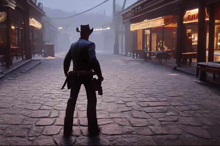 Prompt: photo from behind of a cowboy, carrying a gun, on a victorian shopping mall, cinematic lightning, ray tracing, unreal engine 5, photorealistic, 8 k, uhd, 4 k, red dead redemption 2 game concept, extremely detailed, beautiful, elegant, intricate, foggy, in - game footage