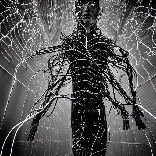 Image similar to nervous system made of wires and alien technology in a white room with glowing leds, hyper detailed, surreal concept art, apocalyptic, realistic, alive, industrial, tech, black and white photo on film, grain, cyborg, futuristic, humanoid, dream,