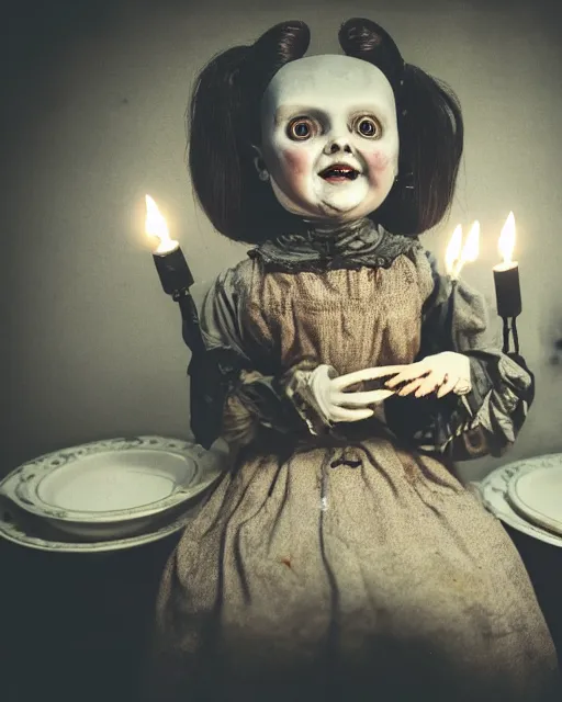Prompt: film still closeup portrait of a malignant creepy angry grinning confused scary antique filthy victorian porcelain doll with black eyes wearing a dirty dress, very long black hair, sitting at a table with candles and broken dishes eating a plate of rotten food crawling with cockroaches, dimly lit filthy room in an abandoned old asylum at night, 8k octane render, dramatic lighting, volumetric lighting, high contrast, graffiti, the ring movie, Guillermo del Toro, Craig Mullins, Duane Hanson , Richard Estes, Arney Fretag, vintage photo from 1890