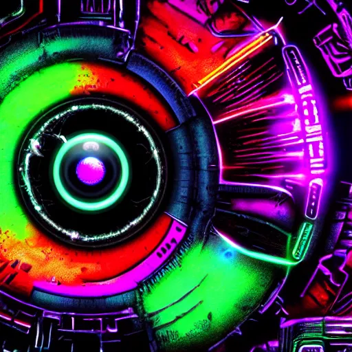 Prompt: eye of a cybernetic owl, futuristic, cyberpunk, digital illustration, photo - realistic, macro, extremely detailed, vivid, neon, dramatic lighting, intricate details