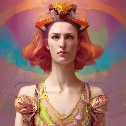 Image similar to a highly detailed portrait of a futuristic princess, neon colored dress, beautiful detail and color, art by john collier and albert aublet and krenz cushart and artem demura and alphonse mucha, volumetric lighting, octane render, 4 k resolution, matte, sharp focus, illustration, art by jacque - louis david, baroque style