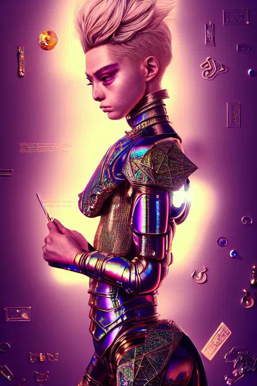 Image similar to hyperdetailed portrait of a stunningly beautiful movie 3 0 years old french movie star androgynous woman guard made of iridescent metals, shiny gems, inspired by ross tran and wlop and masamune shirow and kuvshinov, concept art, intricate, photorealistic, octane render, rtx, hdr, unreal engine, dnd digital art by artgerm