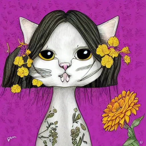 Image similar to cat smelling flowers, in the style of chiara bautista