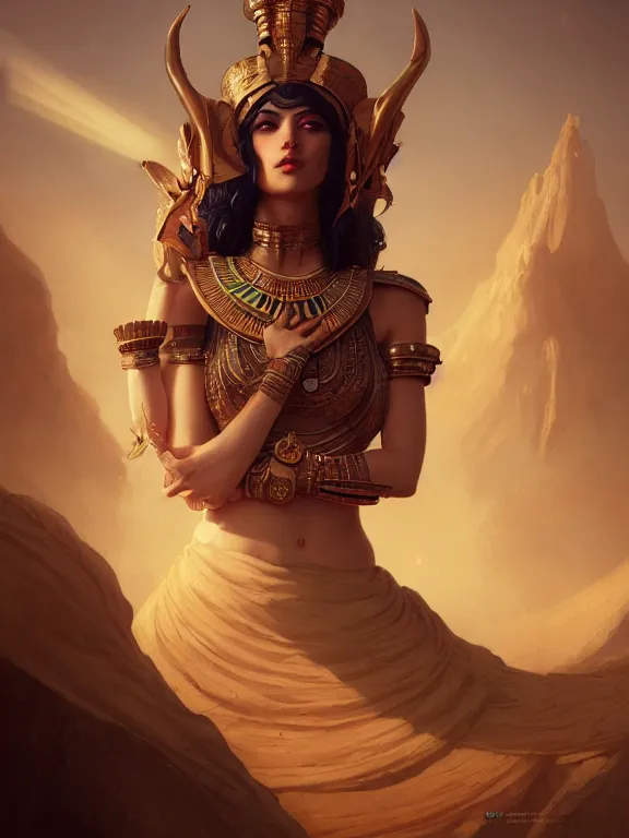 Prompt: serquet, egyptian goddess, ornate, very detailed, scorpions, desert, ancient temple, god rays, natural, octane render, rossdraws, tom bagshaw, ross tran, charlie bowater, greg rutkowski, artgerm alphonse mucha, 1 6 k, warm lighting, character illustration, headroom