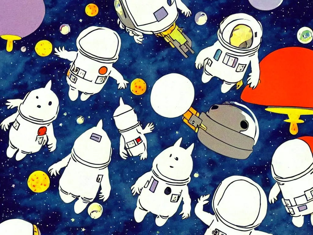 Image similar to moomins in space suits flying around with jetpacks discovering the mushroom planet, very cozy and fluffy and sweet