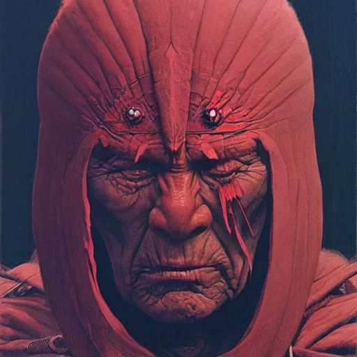 Image similar to Angry Native American Chieftain portrait, dark fantasy, red, artstation painted by Zdzisław Beksiński and Wayne Barlowe