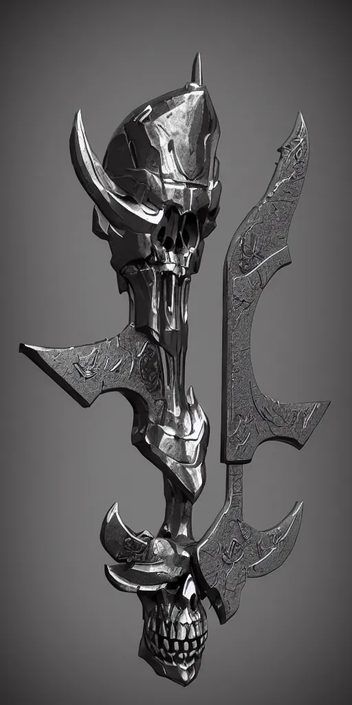 Prompt: a black and silver axe skull crest, ornament, weapon, a 3 d render by dom qwe, trending on polycount, artstation, hard surface modeling, zbrush