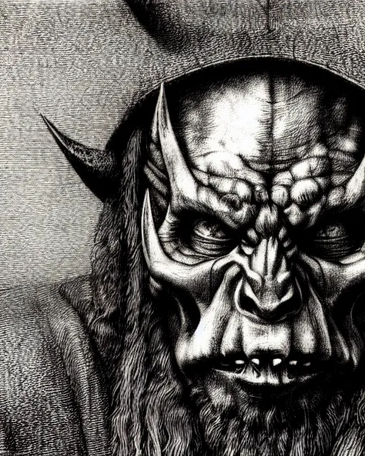 Prompt: orc, hyper realism, fine details, deviantart artstation, extremely detailed, black and white, very sharp, in the style of albrecht durer, etching,