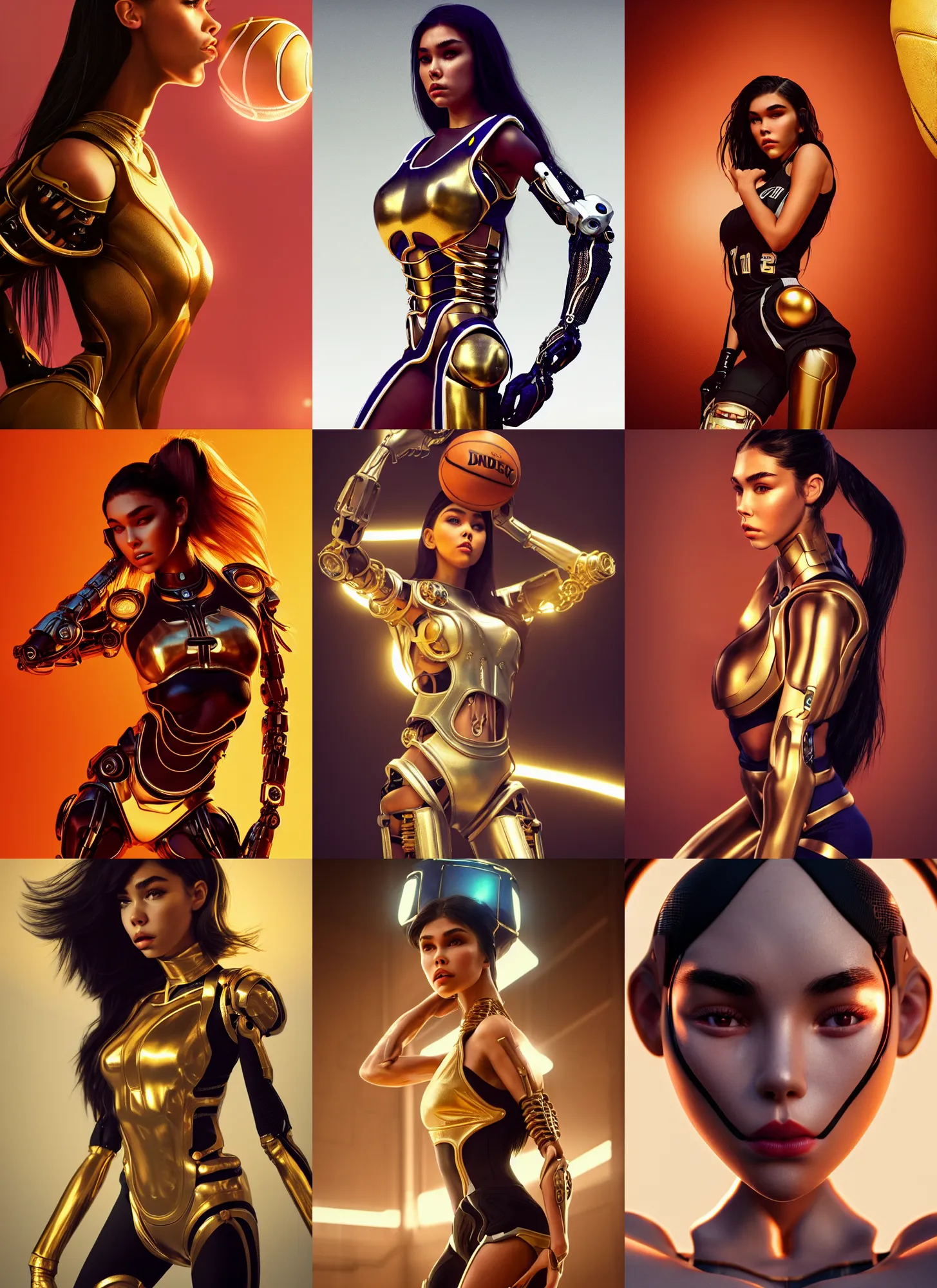 Prompt: madison beer as racy basketball cyborg woman | jewelry | glamorous oily soft polished rich alluring ornate modern | weta disney movie still photo | hi - fructose, sci fi fantasy, golden ratio, smooth, octane render, sharp focus, artstation, concept art | beeple, rutkowski, artgerm, mucha, wlop, loish |