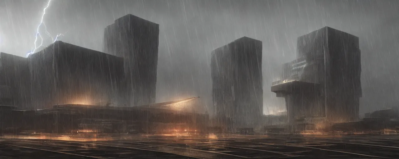 Prompt: massive structures, brutalist architecture, metal, concrete, mist, rain, night, dramatic lighting, lightning bolts, trending on Artstation, 8k, highly realistic, hyper detailed, unreal engine 5, IMAX quality, realistic, cinematic, epic lighting, realistic, in the style of Greg Rutkowski