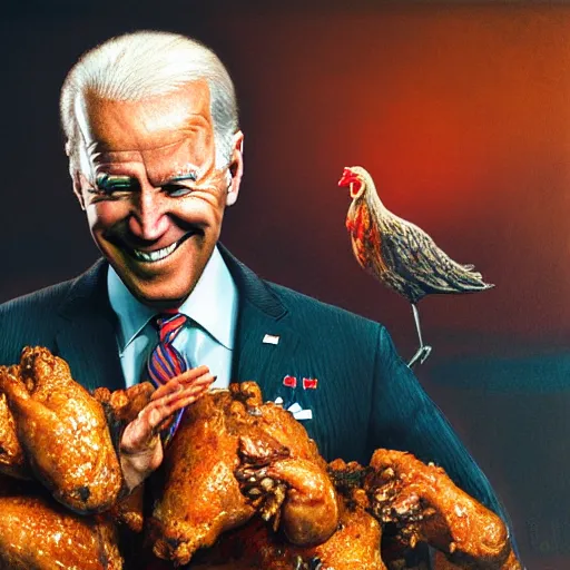 Prompt: smiling joe biden pointing at a pile of chicken wings, digital illustration, matte painting, hyperrealistic, photoreal, symmetry, highly detailed, 8 k, hd, intricate, by beksinski and simonetti