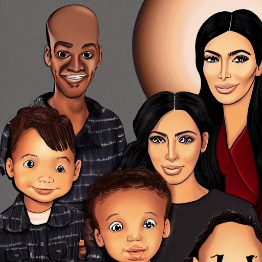 Image similar to Family portrait of Kim Kardashian and husband Freddy krueger with their 3 children. illustration, highly detailed