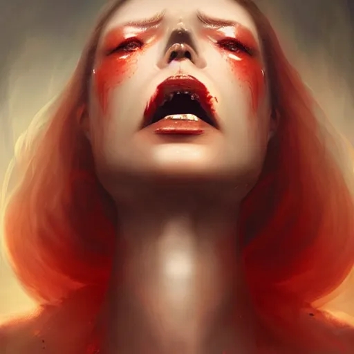 Image similar to portrait of burning woman, fire, blood red eyes, open mouth, vampire fangs, fantasy, intricate, elegant, highly detailed, digital painting, artstation, concept art, matte, sharp focus, illustration, octane render, unreal engine, art by aenaluck and roberto ferri and greg rutkowski, epic fantasy, digital painting