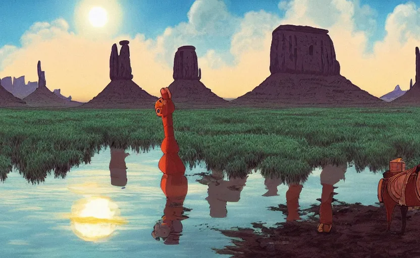 Image similar to a realistic cell - shaded studio ghibli concept art from paprika ( 2 0 0 6 ) of a flying multi - colored rocketship from close encounters of the third kind ( 1 9 7 7 ) in a flooded monument valley stonehenge jungle with giant trees on a misty starry night. a camel caravan is in the foreground. very dull colors, portal, hd, 4 k, hq