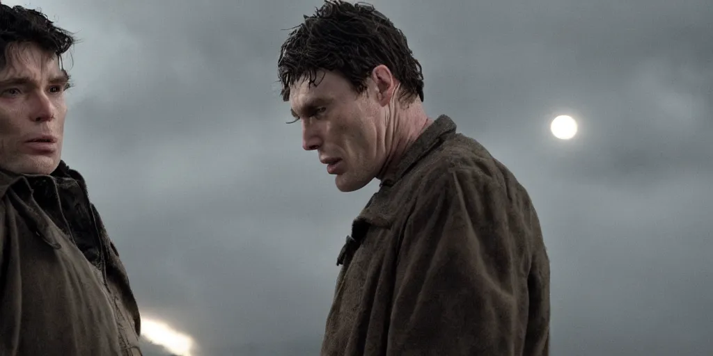 Image similar to ( ( rugged bandit cillian murphy ) ) fighting ( ( fat orson welles ) ). volumetric lighting, cinematic, dark, grim. directed by coen brothers.