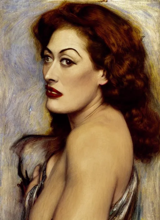Prompt: a beautiful painting of joan crawford by John Everett Millais and Dante Gabriel Rossetti and John Collier and john william waterhouse, pre-raphaelite, detailed, trending on artstation, hd, masterpiece