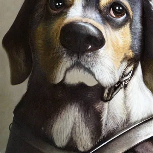 Prompt: dog using knight armor, portrait, detailed