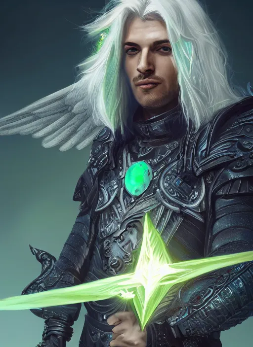 Image similar to An epic fantastic realism comic book style portrait painting of a male hexblade warlock aasimar with angel wings, green energy emanating from body, silver hair, Apex Legends Concept Art, unreal 5, DAZ, hyperrealistic, octane render, cosplay, RPG portrait, dynamic lighting