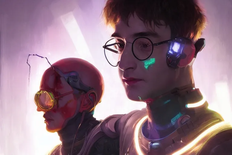 Image similar to portrait of cyborg Harry Potter in cyberpunk, neon lighting, digital art from artstation by Ruan Jia and Mandy Jurgens and Artgerm and william-adolphe bouguereau and Greg Rutkowski and Wayne Barlowe