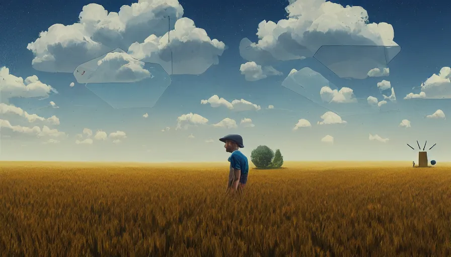 Image similar to floating hexagon in the sky, wheat field harvesting, big tree, person, matte painting, art station, blue sky, simon stalenhag