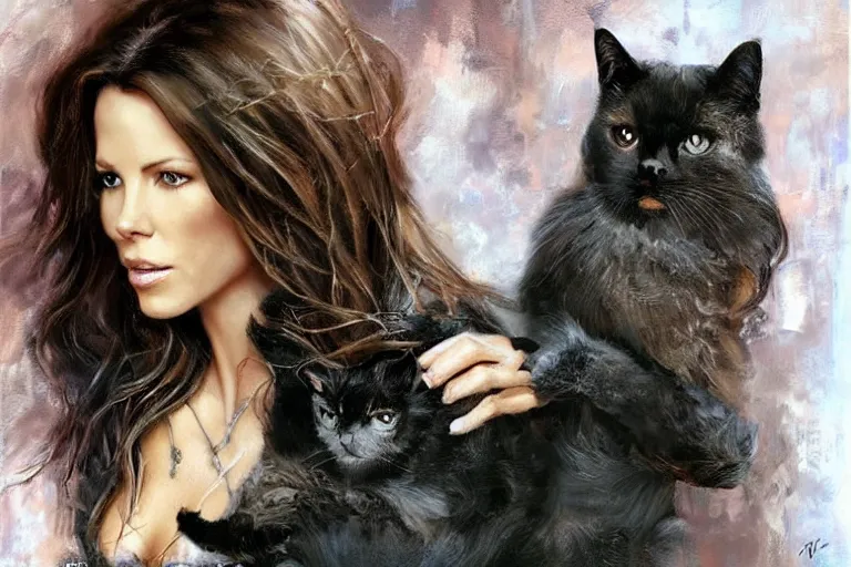 Image similar to portrait of kate beckinsale holding a cat, an oil painting by ross tran and thomas kincade