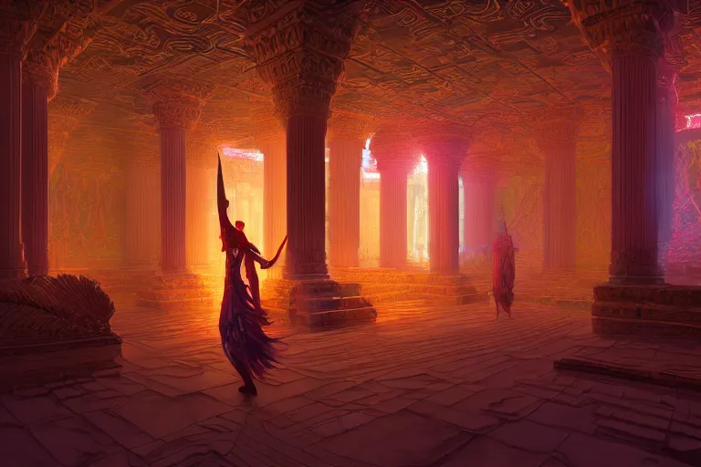 Prompt: wide angle photo of beautiful goddes (of war) dynamic lighting in chromatic dmt sprititual temple temple with DISPACEMENTS Displacements, elegant, highly detailed, smooth, sharp focus, illustration, beautiful, geometric, trending on artstation, cinematic, artwork by WLOP