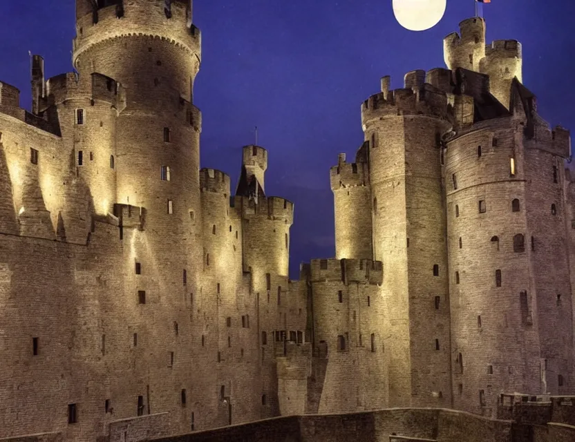 Prompt: close view of gravensteen castle in gent belgium at night, peaceful and serene, incredible perspective, soft lighting, anime scenery by makoto shinkai and studio ghibli, very detailed