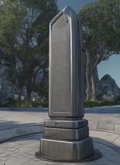 Image similar to highly detailed architecture render of a futuristic metallic monument stele standing on the road archdaily made in unreal engine 4