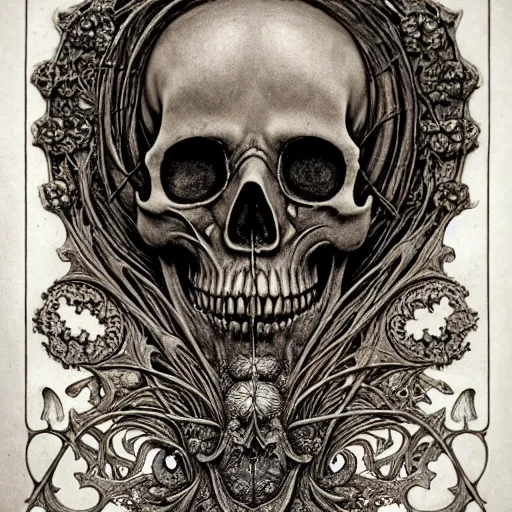 Image similar to memento mori by arthur rackham, art forms of nature by ernst haeckel, ultrasharp, photorealistic, hyperdetailed, octane render, polished, art nouveau, gothic, ornately antique porcelain beautiful skull mask dominant, intricate ornamental organic filigree, art nouveau botanicals, art forms of nature by ernst haeckel, horizontal symmetry, symbolist, visionary