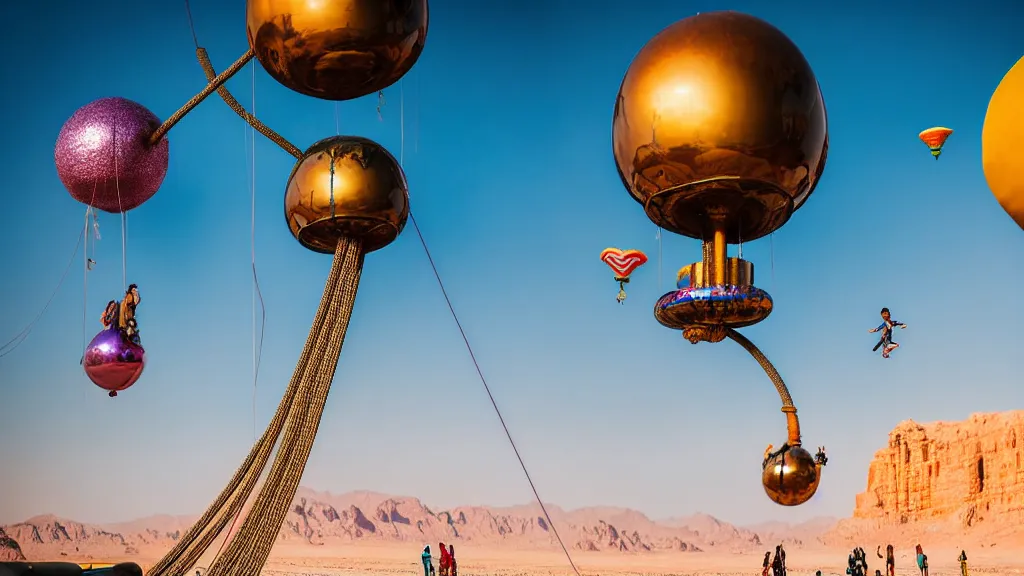 Image similar to large colorful futuristic space age metallic steampunk balloons with pipework and electrical wiring around the outside, and people on rope swings underneath, flying high over the beautiful ancient desert city landscape, professional photography, 8 0 mm telephoto lens, realistic, detailed, photorealistic, photojournalism